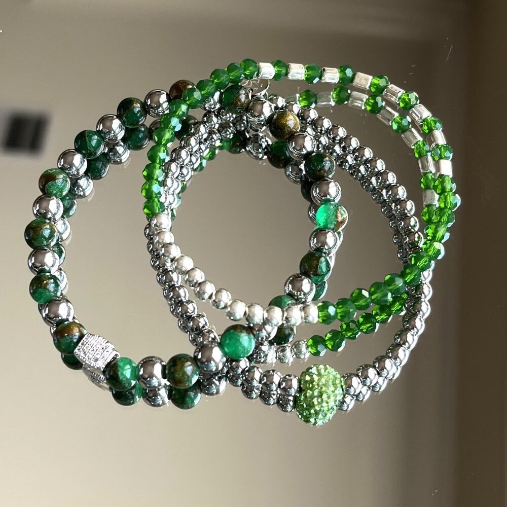 Rustic Cuff Stackable Stretch Bracelet Set Greens… - image 4